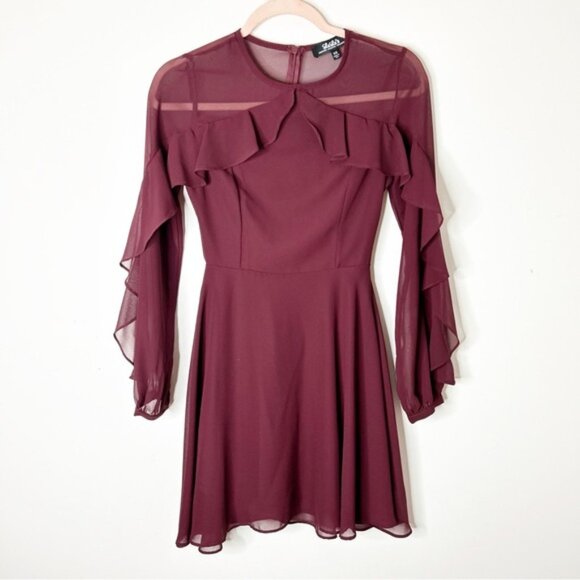 LULUS Quiet Grace Burgundy Long Sleeve Dress Burgundy Sheer Size XS - Picture 6 of 16